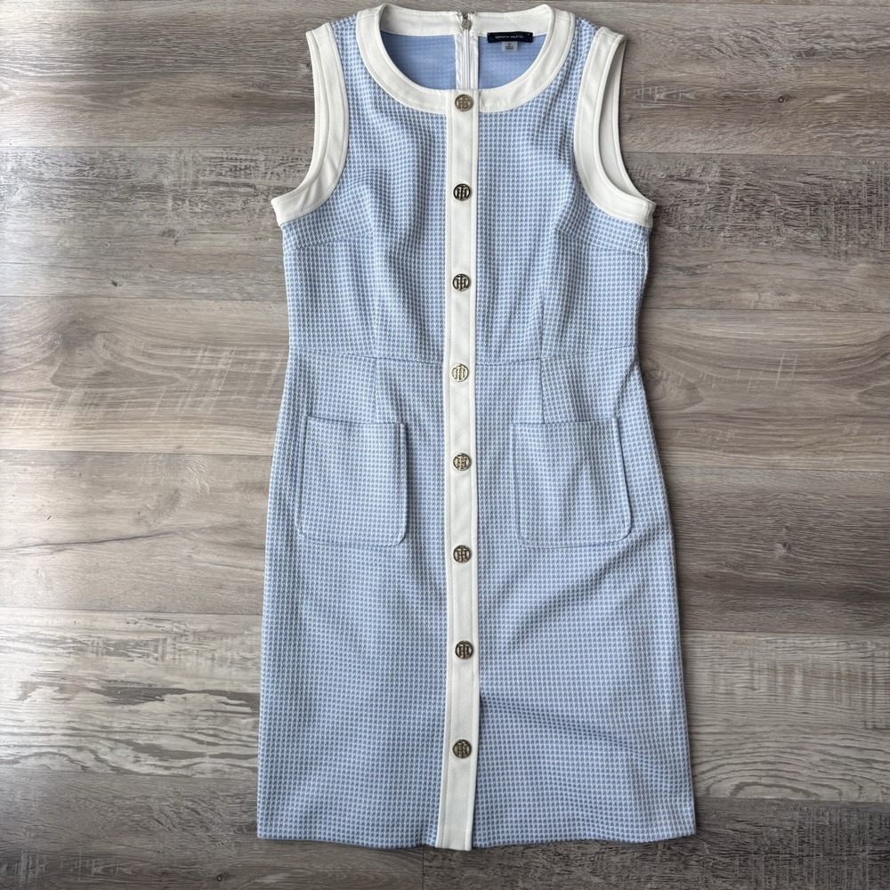 Tommy Hilfiger Sleeveless Sheath Dress Womens Blue White Houndstooth Pockets Sz8